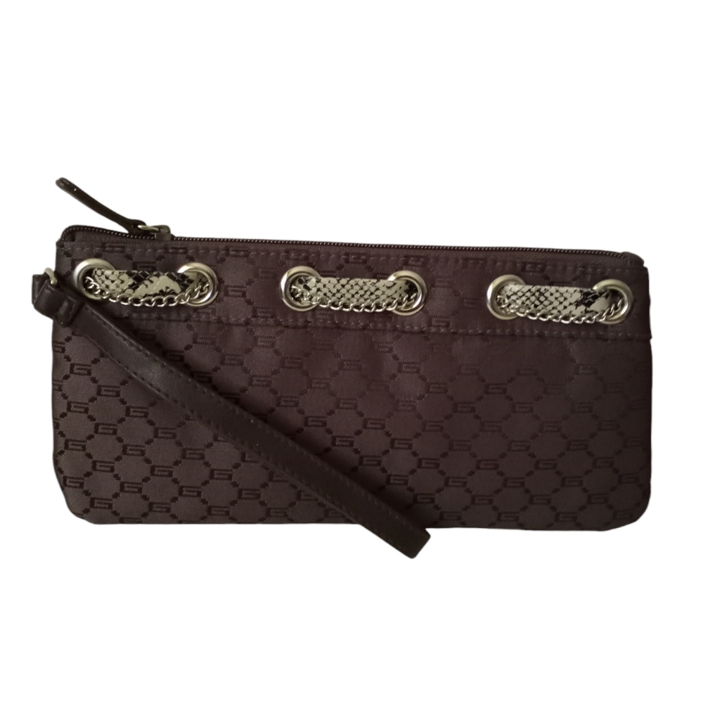 Wristlet with Chain and Faux Snake Print Design Zipper Closure
